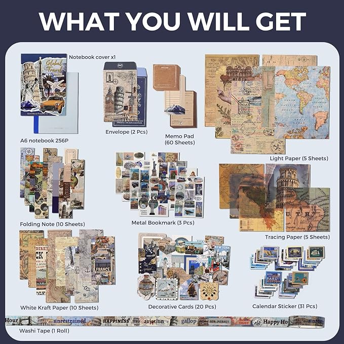 Funto Scrapbooking Kit(154 PCS), Travel Meory Series-Global Travel, Perfect for Bullet Scrapbooking Materials, Planner DIY Arts Craft Collage