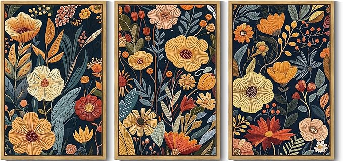 KUVIOKE Vintage Flower Framed Wall Art Colorful Boho Floral Wall Decor Botanical Retro Wildflower Modern Artwork Bedroom Living Home Decor 24x36in (Natural Framed)