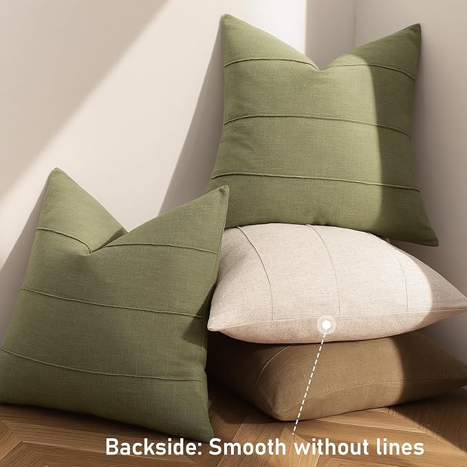 ZWJD Christmas Linen Throw Pillow Covers 24x24 Set of 2 Solid Handcrafted Striped Cushion Covers for Bed Soft Xmas Decorative Pillow Covers for Couch Bedroom Living Room Christmas Decor(Olive Green)