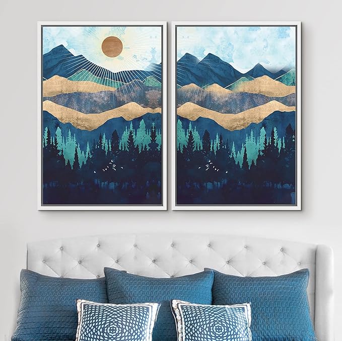 SIGNWIN Framed Canvas Print Wall Art Set Gold Blue Geometric Mountain Forest Landscape Nature Wilderness Illustrations Modern Art Scenic Colorful for Living Room, Bedroom, Office - 16"x24"x2 White