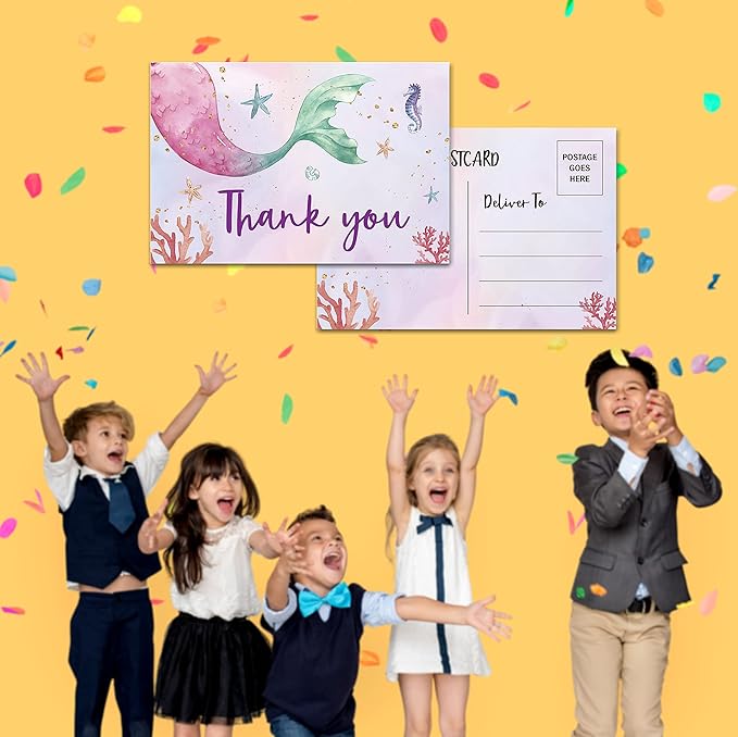 Birthday Thank You Postcards, Mermaid Theme, Under The Sea, Ocean Thank You Cards for Kids Girls Boys Birthday Party, Baby Shower Party, Set of 20 (A06)