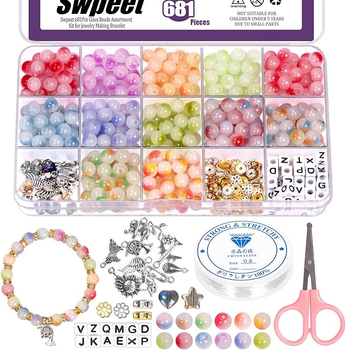 Swpeet 681Pcs 12 Colors 8mm Glass Jade Beads Bracelet Making Kit Includes Glass Beads, Pendants, Charms, Spacer Beads, Elastic Strings Scissors for DIY Beading Necklace Beginners Girls' Birthday Gift