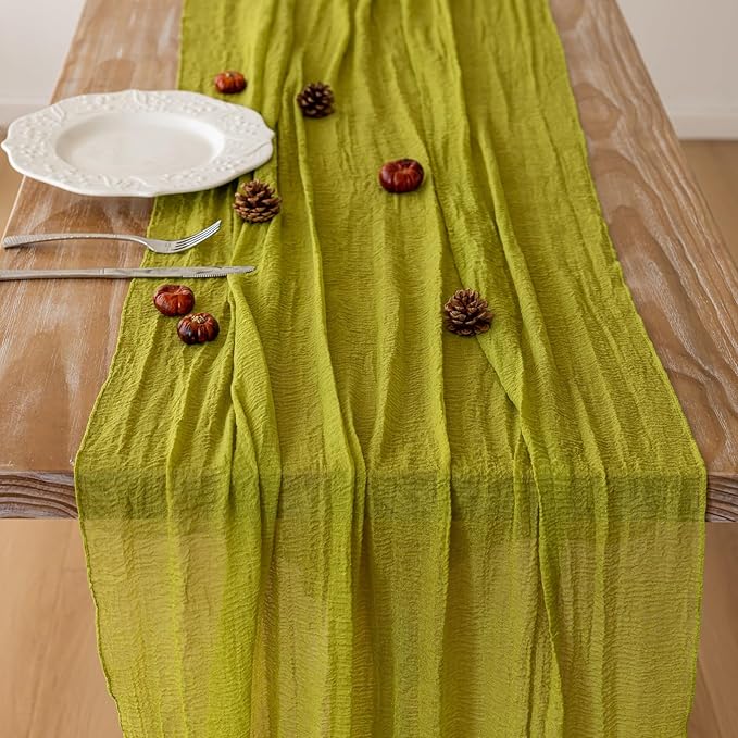 Keketoarrange Moss Green Cheesecloth Easter Table Runner Gauze 120 Inch 10 FT Rustic Boho Cheese Cloth Runner for Wedding Baby Shower Bridal Shower Long Sheer St Patricks Day Spring Home Decorations