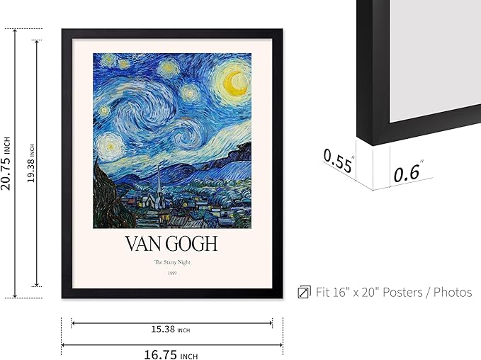 Monem Art Vintage Van Gogh Poster - Retro Impressionist Print - The Starry Night, Moon, Stars, Abstract - Gift for Artist, Friend - Wall Decor for Home, Office, 16x20 Black Framed