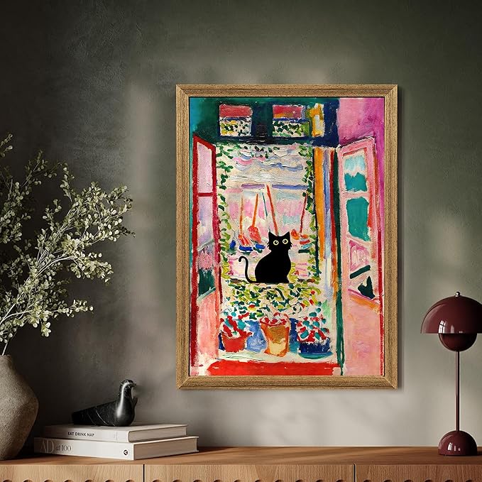 Fantasy Artists Henri Matisse Cat Wall Art, Framed Open Window Black Cat Canvas Poster Prints, Abstract Aesthetic Wall Decors for Living Room, Oil Paintings for Room Bathroom Decorations 16" X 24"