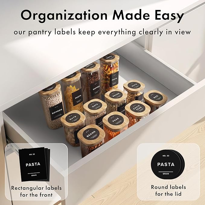 Square Glass Storage Containers with Bamboo Lids 12-Pack (4x 33.8 oz, 8x 20.2 oz) Airtight Storage Jars with Lids for Food, Stackable Glass Kitchen Canisters with (Black Label)