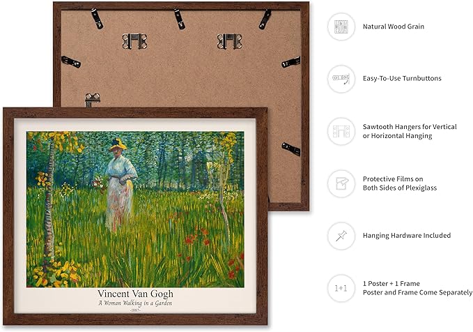 Monem Art Vintage Van Gogh Poster - Retro A Woman Walking In A Garden Print - Impressionism Art - Fine Art - Classic Painting Art - Floral Art - Bedroom or Office Decor - 16x20 Brown Framed
