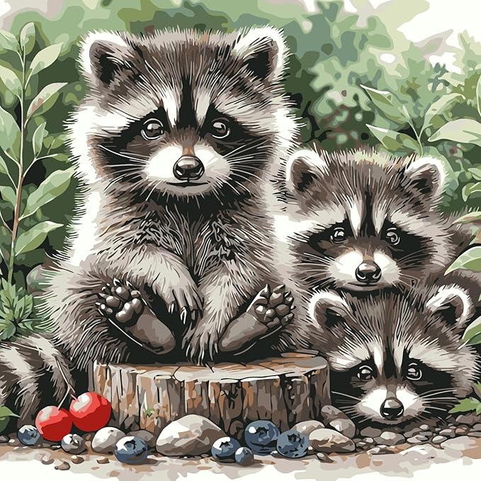 BYGFHLYW Animals Paint by Numbers Kit for Adults Beginners, Raccoon Family Easy Adult Paint by Number Kits On Canvas, DIY Acrylic Oil Painting Kits for Home Wall Decor 16x16Inch