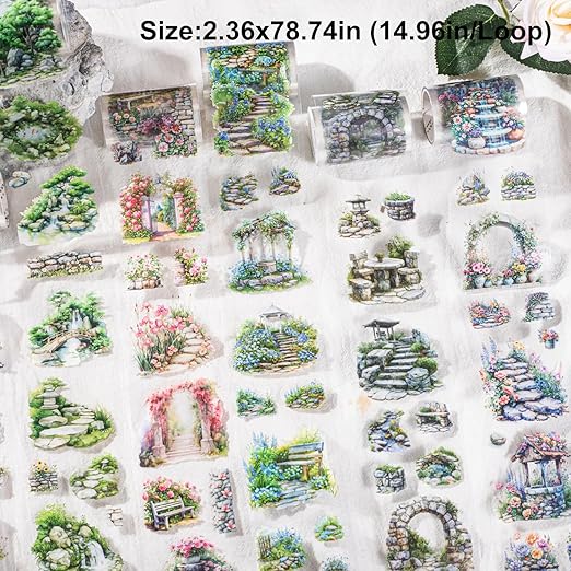 Stone Landscape PET Tape Set, 6 Rolls Pre-Cut Garden Scenery Stickers for Scrapbooking, Journaling, DIY Crafts, and Gift Wrapping