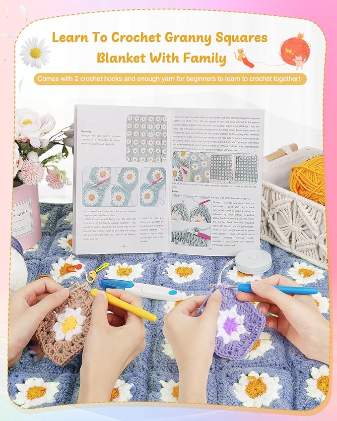 Coopay Crochet Kit Beginners for Blanket, Granny Squares Crochet Blanket Kit w Instructions & Enough Yarn, Complete Crocheting Starter Set - Easy to Learn for Adults (Blue-Purple)