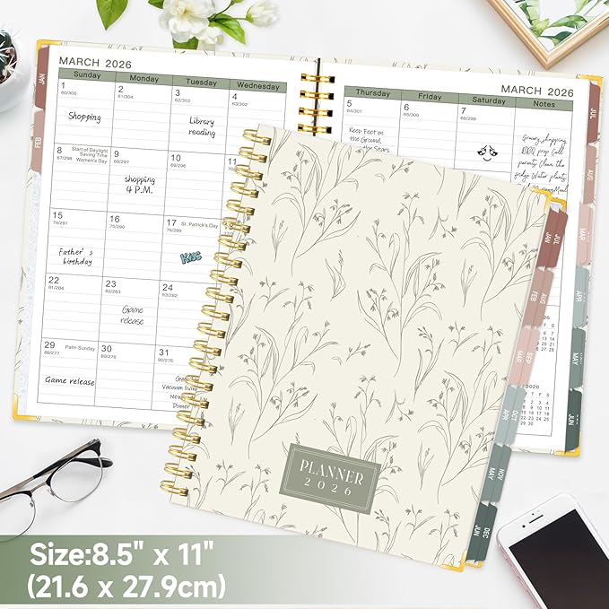GuassLee Large 2026 Planner, Weekly and Monthly Planner from January 2026-December 2026, 8.5"x 11" Aesthetic Beige Agenda Book with Back Pocket, Stickers, Coated Tabs, A4 Size