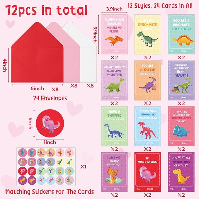 TICIAGA 24 Set Valentine's Day Dinosaurs Greeting Cards with Envelop Cartoon Dino Fill in Blank Sticker for Kids T-Riffic Notecard Exchange Gifts for Boys and Girls School Classroom Party Favors