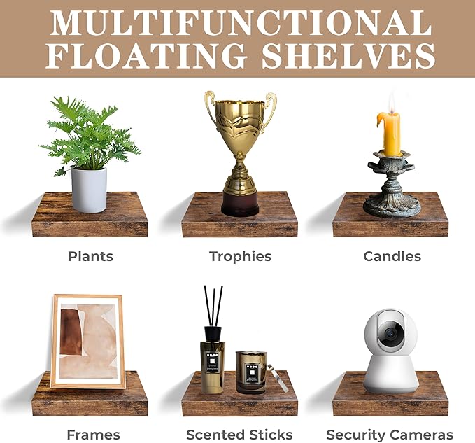 Sorbus Square Floating Shelf for Wall - 4 Small Shelves with Invisible Mounting Brackets for Living Room Decor, Bedroom, Bathroom Decor, Home & Kitchen - 9" Wall Shelf to Display Photos Trophies