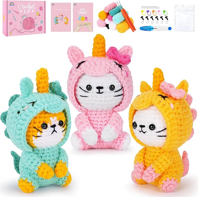 Crochet Kit for Beginners - 3 PCS Unicorn Cat Crochet Kits with Step-by-Step Video Tutorials, Beginner Crochet Kit for Adults, Crochet Animal Kit for Starters, Cat Dressed as Unicorn Set
