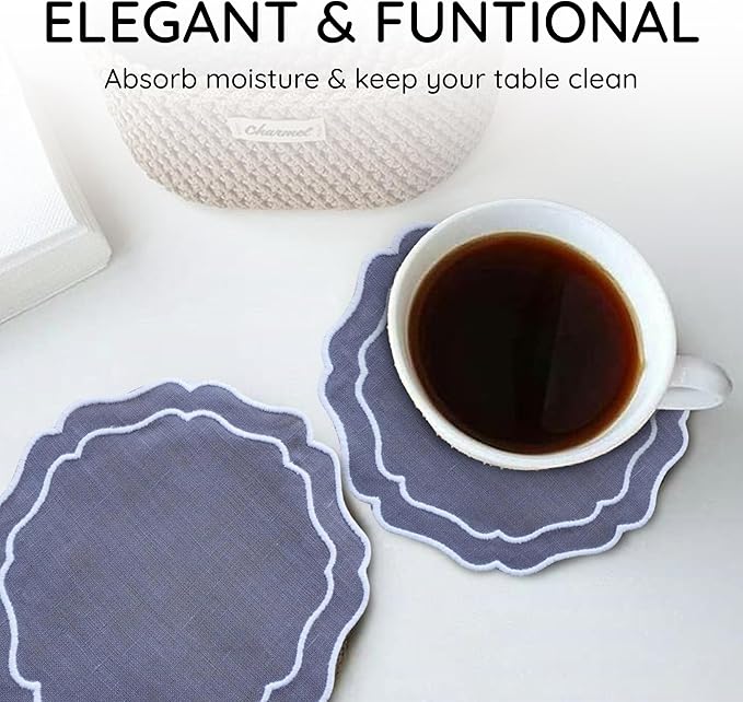 Drink Coasters Set of 6, 6x6 inch, Absorbent Linen Drink Mats with Scalloped Edge, Reusable Handmade Coffee Coasters for Home Decor & Tabletop Protection & Gift Giving (Charcoal)