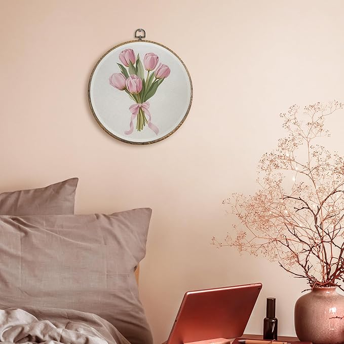 FUGWN Coquette wall decor Pink Tulip Floral Round Wall Art Decor Framed, Pink Bow Tulip Flower Bouquet Canvas Artwork Prints, Floral Wall Hanging Decorations for Girly Bedroom Room Home, 10x10 Inch