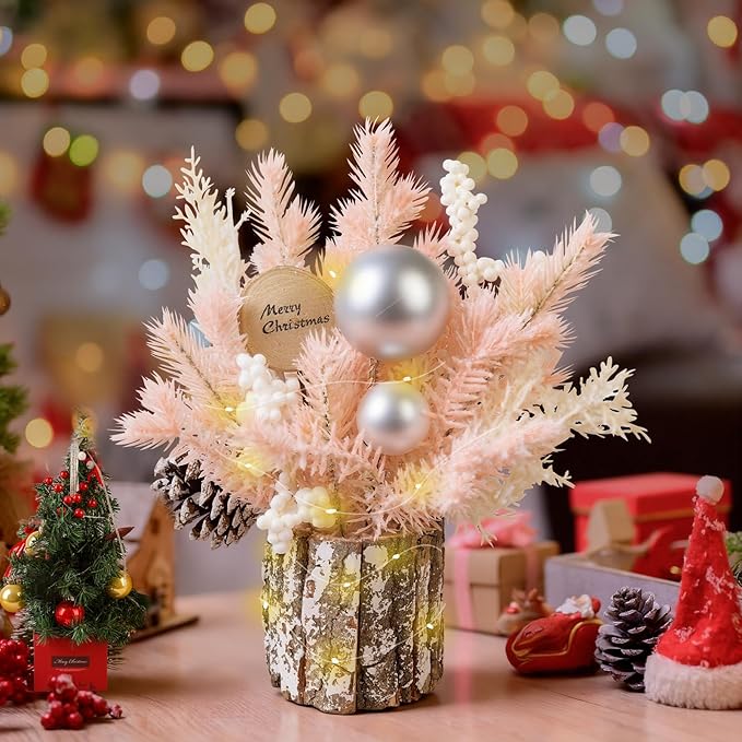 Small Table Top Christmas Tree with Lights, Mini Christmas Tree Decorations with Merry Christmas Pine Cones Berries Balls Ornaments for Home Party Centerpiece Indoor Decorations, 12Inch, Pink
