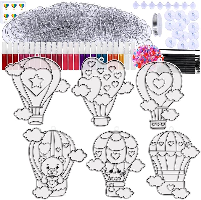 Winlyn 24 Sets Heart Hot Air Balloon Suncatchers Ornaments Decorations DIY Window Paint Art Craft Kits Sun Catcher Painting Kit for Kids Valentine's Day Classroom Activities Party Favors Gift Exchange