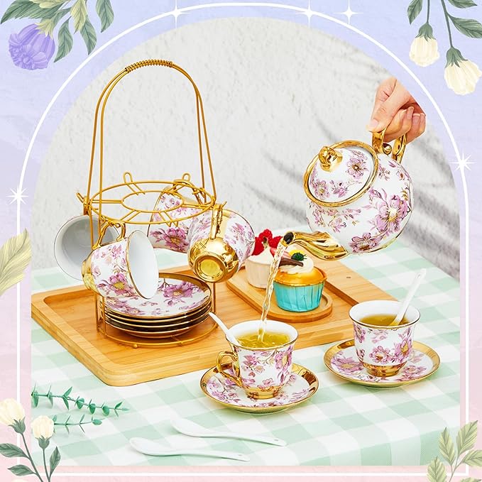Zhehao 20 Pcs Porcelain Tea Set with Metal Holder and Spoon Adult Ceramic Tea Set European Flower Painting Teapot Cup Saucer Spoon for Women, Large Version(Purple Style)