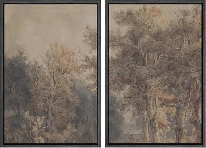 SIGNWIN Framed Canvas Print Wall Art Set Vintage Tree Sketch Classic Sepia-Toned Forest Illustrations Modern Art Scenic Colorful for Living Room, Bedroom, Office - 24"x36"x2 Black