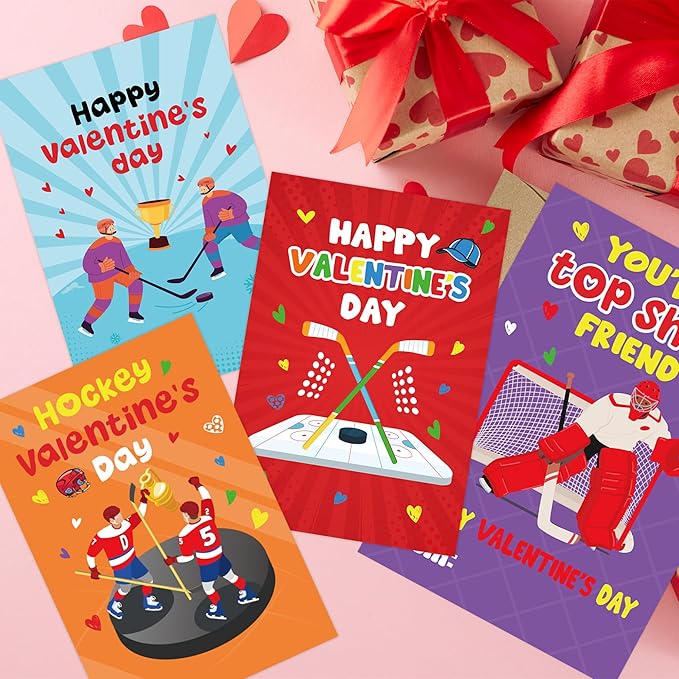 Valentine’s Day Cards for Kids Classroom, 36 Pcs Hockey Valentines Exchange School Set with Envelopes Heart Stickers, Sports Valentine Cards for Boys Girls Party Favors Gifts Exchange