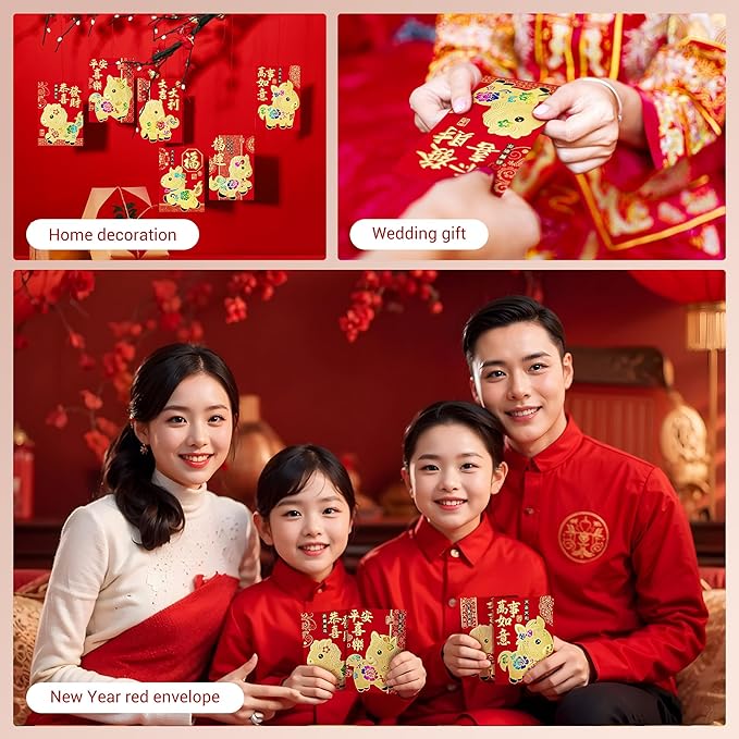 36pcs Red Envelopes Chinese New Year, Chinese Traditional Lucky Money Hong Bao Red Envelope Pockets for 2026 Spring Festival, Lunar New Year, 6 Cartoon Horse Designs,M