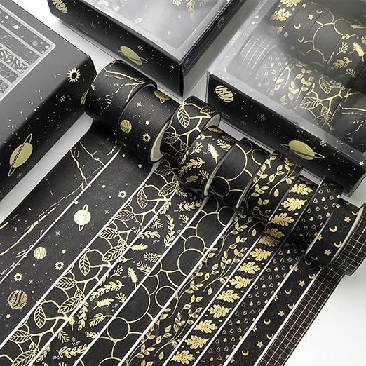 YUBX Creative Washi Tape Set 10 Rolls Gold Foil Print Decorative Masking Tapes for Arts, DIY Crafts, Journals, Planners, Scrapbook, Wrapping (Gold Dark)