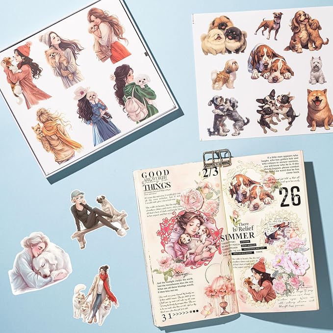 Scrapbook Stickers Set, 124Pcs Girls with Pets Dogs Sticker for Scrapbooking and Journaling, Junk Journal Supplies, Bullet Journals Materials, Planner DIY Arts Craft Collage