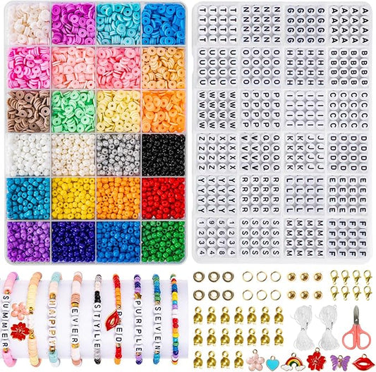 Goldwise Friendship Bracelet Making Kit, 24 Colors 6mm Clay Beads & 4mm Glass Seed Beads with 920 Letter Beads for Bracelet Making, Varieties of Charms, Jewellery Bracelet Making Kits