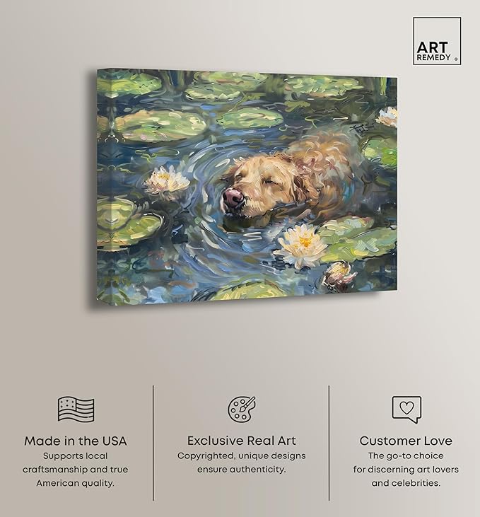 Art Remedy Monet Water Lilies Dog Rustic Chic Farmhouse Canvas Wall Art, Gallery Wrapped, 20"x16"