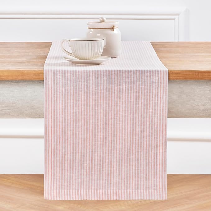 Solino Home Linen Table Runner 120 Inches Long - Narrow Stripe, 100% Pure Linen Peach and White Table Runner 14 x 120 Inch for Dining, Valentines, Spring, Easter