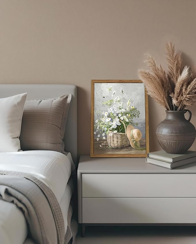 Framed Rustic Daisy Canvas Wall Art, Vintage Farmhouse Floral Pictures Wall Decor, Country Flower Botanical Paintings Prints Aesthetic Home Decor for Living Room Bathroom Bedroom 16X24 inch