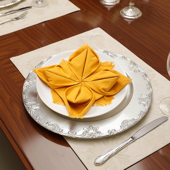 Lightnpro Cotton Napkins Set of 12, Beautiful Handmade Fringe Dinner Cloth Napkins, Washable and Reusable for Dining, Parties, Weddings, Holiday & Everyday Use - 18x18 Inch Mustard