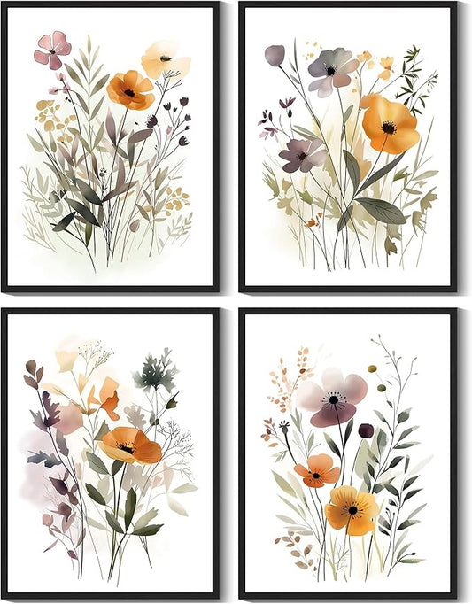 Drsoum Wildflower Bouquet Boho Framed Wall Art Wooded Minimalist Aesthetic Botanical Flower Prints Modern Plants Bathroom Kitchen Home Decor Ready to Hang 11x14inx4pcs (Black Framed)