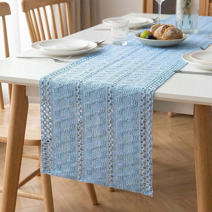 Artoid Mode Sky Blue Farmhouse Woven Rustic Hollow Table Runner, Seasonal Holiday Hollow Kitchen Dining Table Decoration for Home Party Decor 12x48 Inch