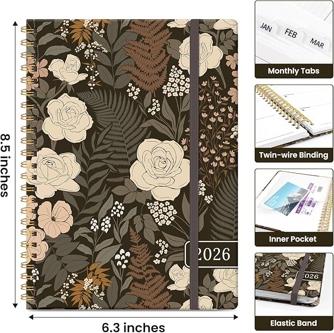 2026 Planner, Weekly and Monthly Calendar Planner for Women, Jan 2026 - Dec 2026, Hardcover Planning Agenda book with Tabs, Spiral Bound, Inner Pocket, Perfect for School Office Supplies, 6.3" x 8.5" - Wild Rose