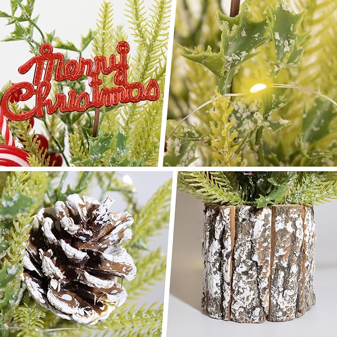 Small Table Top Christmas Tree with Lights, Mini Christmas Tree Decorations with Merry Christmas Candy Canes Pine Cones Berries Balls Ornaments for Home Party Centerpiece Decor, 12Inch, Green