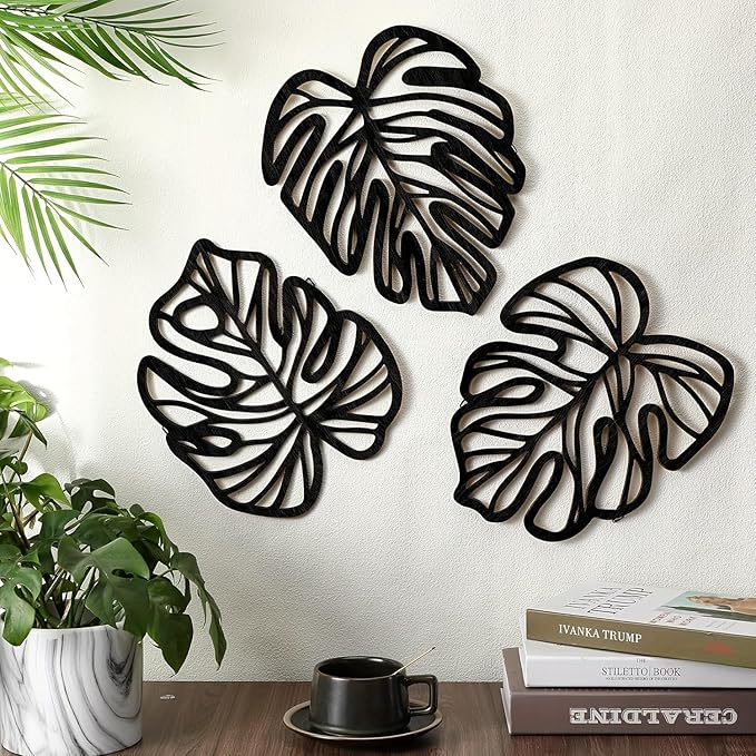 Palm Leaves Wood Wall Decor , 3Pcs Tropical Wall Art Jungle Decor, Wooden Natural Leaves Plant Wall Decor, Vintage Tropical Plant Plaque for Home Living Room Kitchen Bedroom Bathroom & Garden, Black