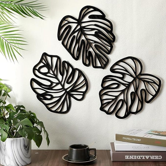 Palm Leaves Wood Wall Decor , 3Pcs Tropical Wall Art Jungle Decor, Wooden Natural Leaves Plant Wall Decor, Vintage Tropical Plant Plaque for Home Living Room Kitchen Bedroom Bathroom & Garden, Black
