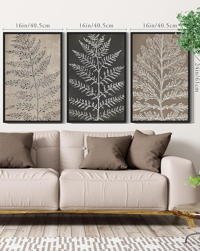 KUVIOKE Vintage Botanical Framed Wall Art Bohemian Tan Plant Leaf Wall Decor Nature Fern Plant Silhouette Wall Painting Home Decor 16x24in (Black Framed)