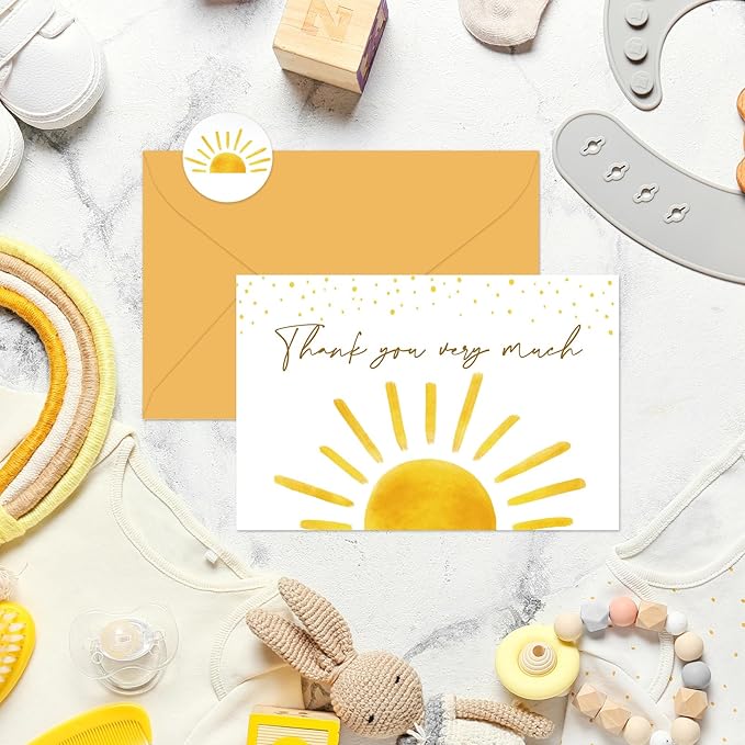 Whaline 30 Pack Baby Shower Thank You Cards with Envelopes Stickers Boho Sun Greeting Cards Sunshine Blank Note Card for Baby Shower Birthday Wedding Party Supplies, 4 x 6 Inch
