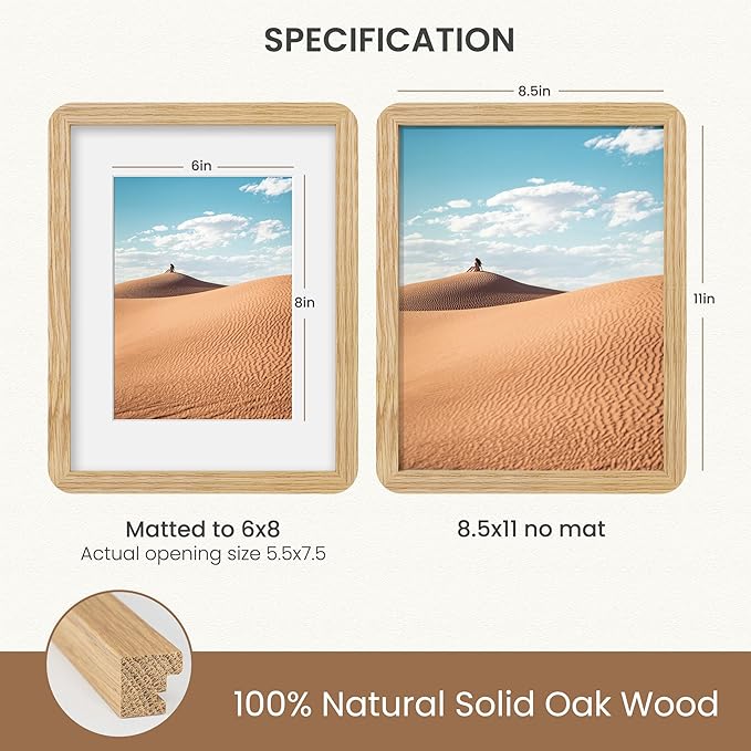 Dreamland 8.5x11 Picture Frame, Solid Oak Wood Photo Frame with Mat for 6x8, Round Corner 8.5 x 11 Matted Picture Frames with Resistant Plexiglass for Wall Mounting or Tabletop, Oak Color, Set of 1