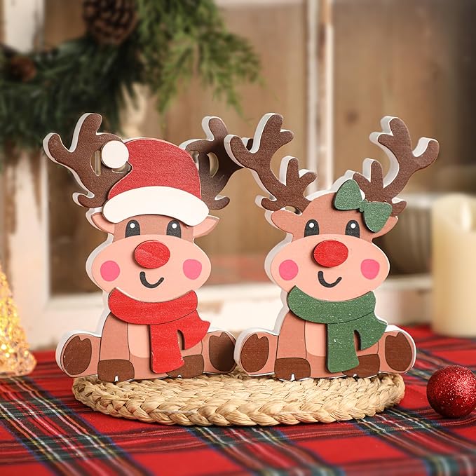 Amorita Reindeer Christmas Decor - 2 Piece Brown Reindeer Couple for Christmas Tiered Tray Decor - Elegant Wood Tiered Tray Xmas Centerpiece Table Decorations