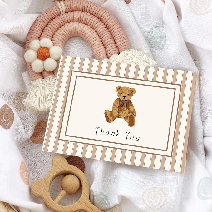 JarThenaAMCS 24 Pack Bear Thank You Cards Greeting Cards Brown Stripe Bear Blank Note Card with Envelopes Stickers for Birthday Baby Shower Party Supplies, 4 x 6 Inch