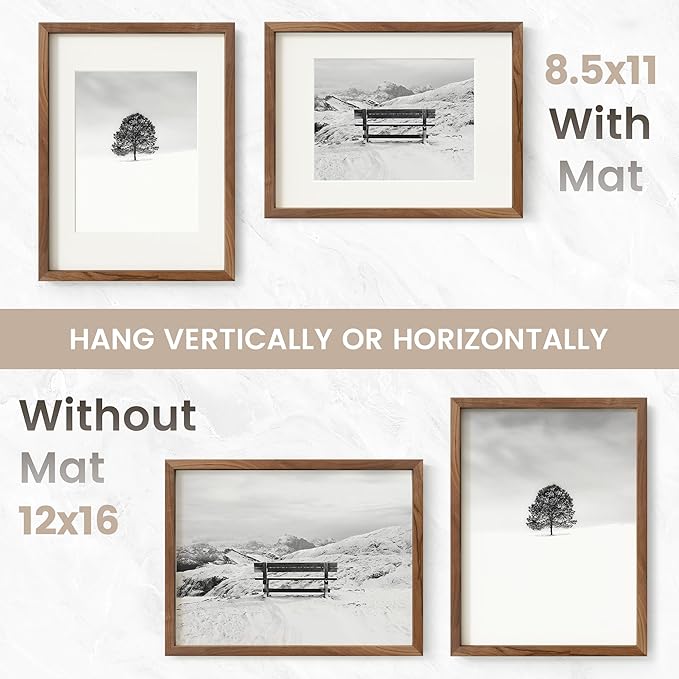 12x16 Picture Frame, USA-Sourced Natural Walnut Wood Photo Collage Frame with HD Tempered Glass, Modern Simple 12 x 16 Wooden Frame Matted to 8.5x11, Vertical & Horizontal Wall Hanging Display
