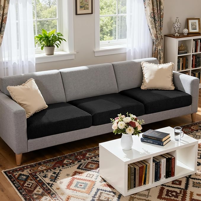CHUN YI 3 Piece Couch Cushion Covers for XL-Sofa Seat Slipcovers Suitable with Spandex Jacquard Washable Fabric (3 Piece XL-Sofa Cushion Covers, Black)