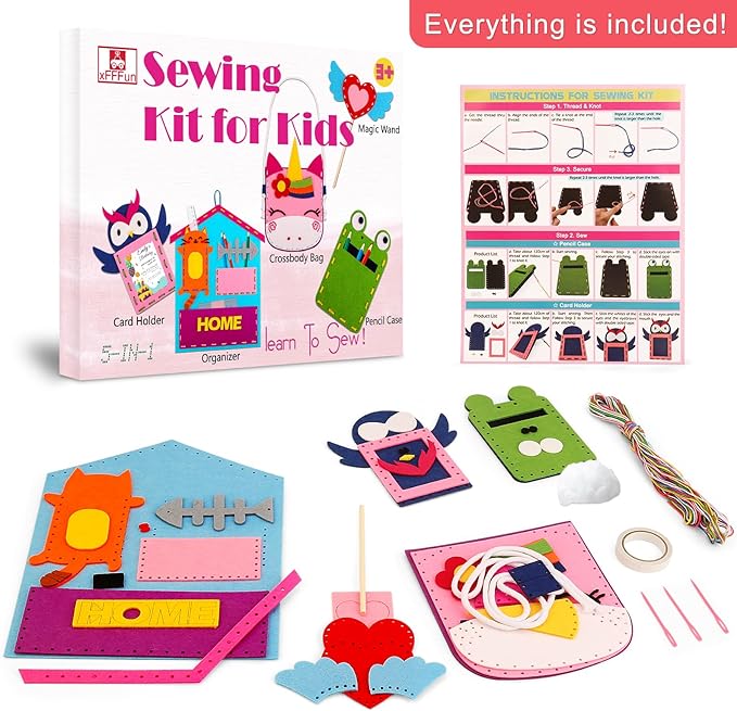 Easy Arts and Crafts for Kids - My First Sewing Kit for Kids Beginner, 5 DIY Projects for Girls Boys Age 4,5,6,7,8 with animal Dolls and Plush Pillow Craft, Learn to Sew, Embroidery, Valentines Gifts