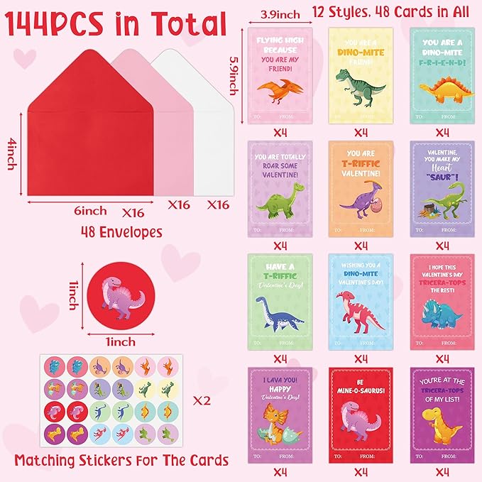 TICIAGA 48 Set Valentine's Day Dinosaurs Greeting Cards with Envelop Cartoon Dino Fill in Blank Sticker for Kids T-Riffic Notecard Exchange Gifts for Boys and Girls School Classroom Party Favors