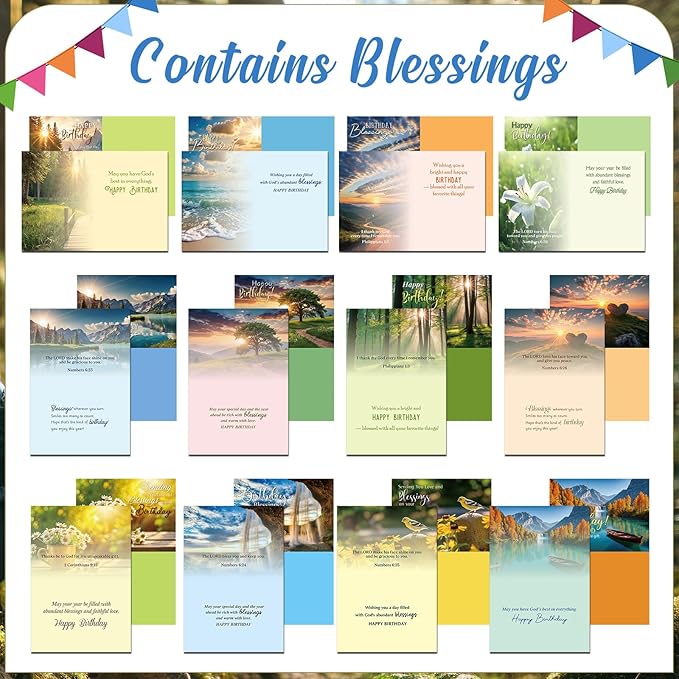 48 Pack Religious Christian Birthday Cards Bulk with Scripture Assorted Bible Verse 4.5 x 6.2 Inch Christian Blessings Birthday Greeting Cards with Envelopes and Stickers (Landscape Style)