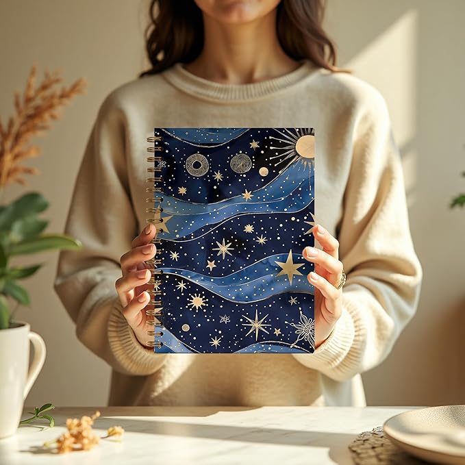 Fantasy Starry Night Sky Space Notebook, Blue and Gold Celestial Sun Star Galaxy Journal, Spiral Notebook Journal, 5.5x8.3 Inch